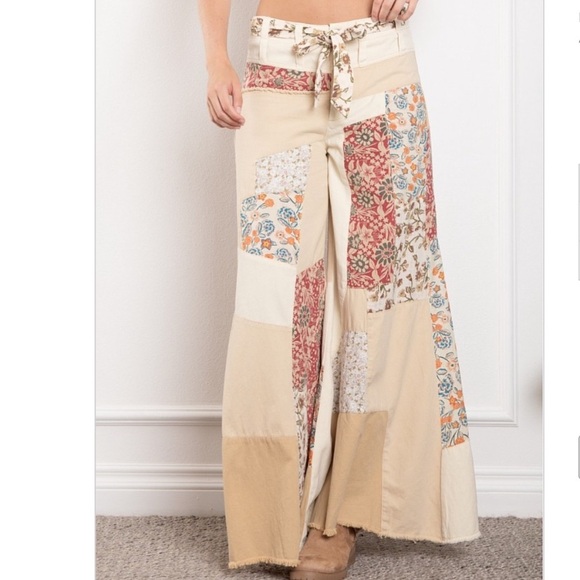 Blue Velvet Pants - Floral Patchwork Wide Leg Pants
